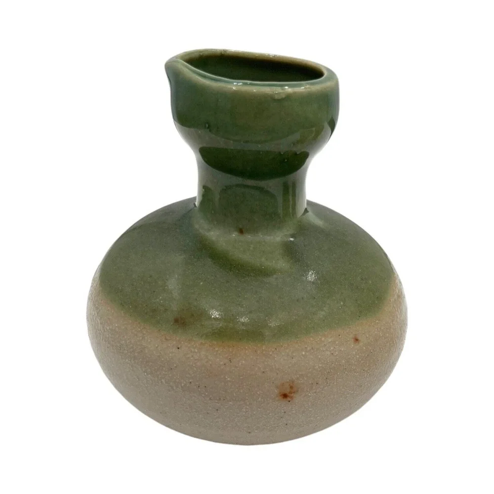 Japanese Pottery Stoneware Sake Set Carafe Two Cups Earth Tone Sage Green Tan